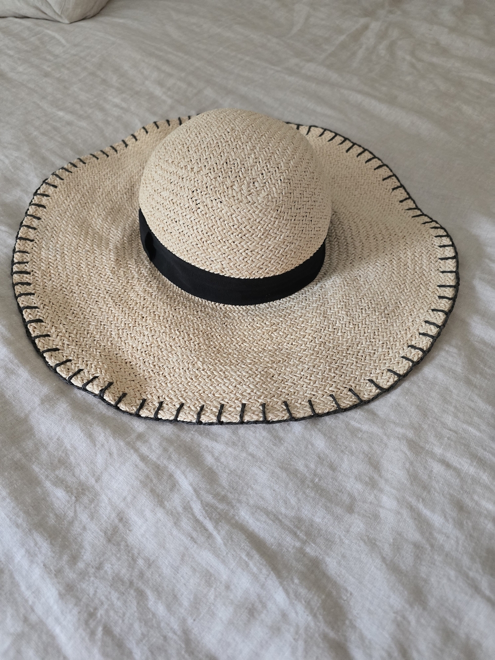 Tory Burch Beige Straw Floppy Hat with Black Trim